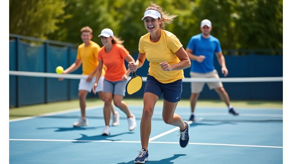 Team of pickleball enthusiasts playing a spirited doubles match on a sunny court.