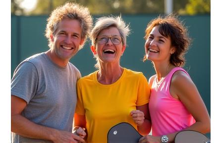 Group of diverse pickleball players laughing and smiling during a casual game.