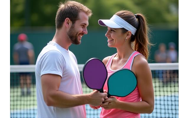 Mixed doubles pickleball team strategizing on court